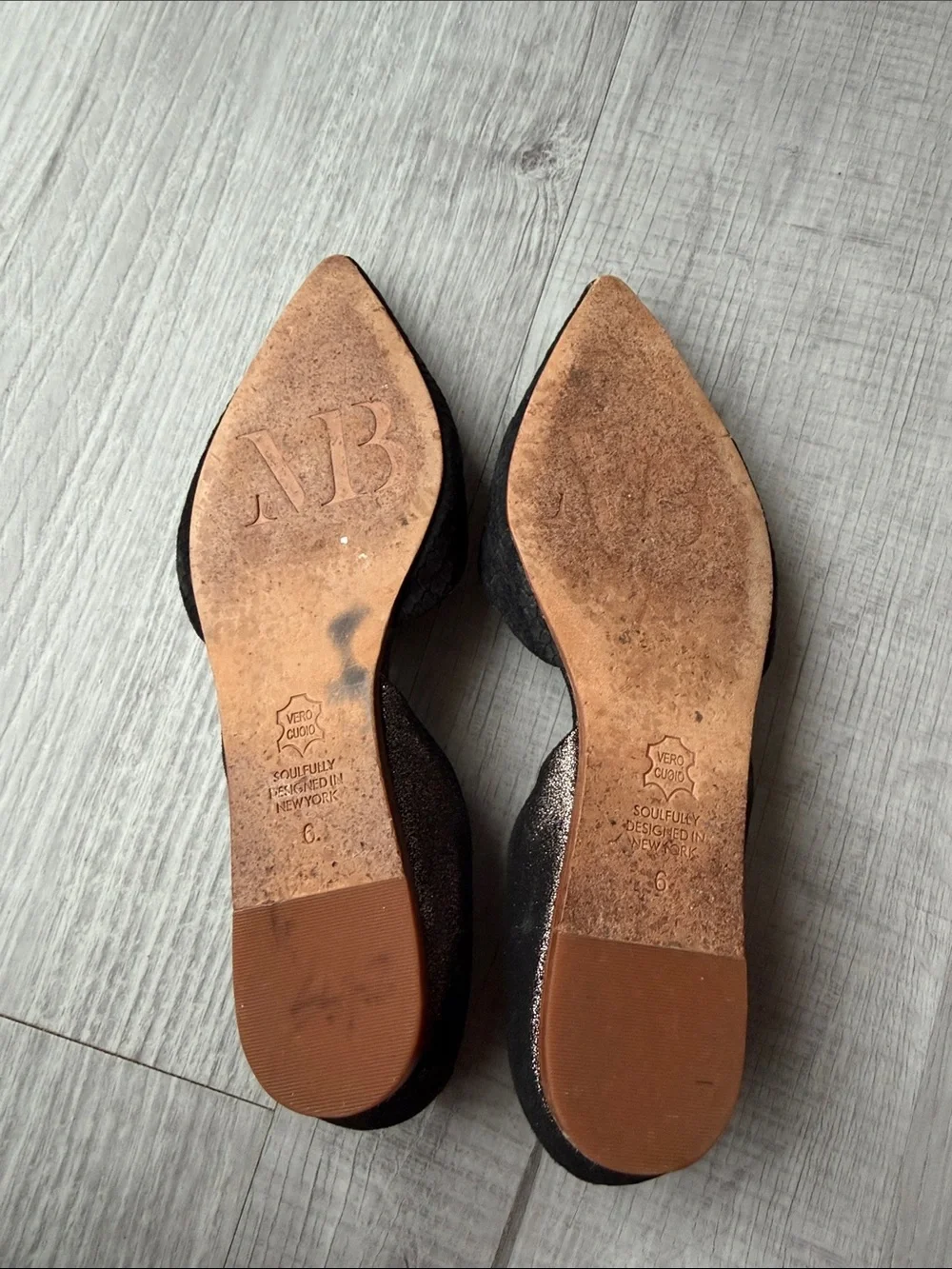 Matt Bernson Black Pointed D'Orsay Flats with Textured Upper, Size 6.